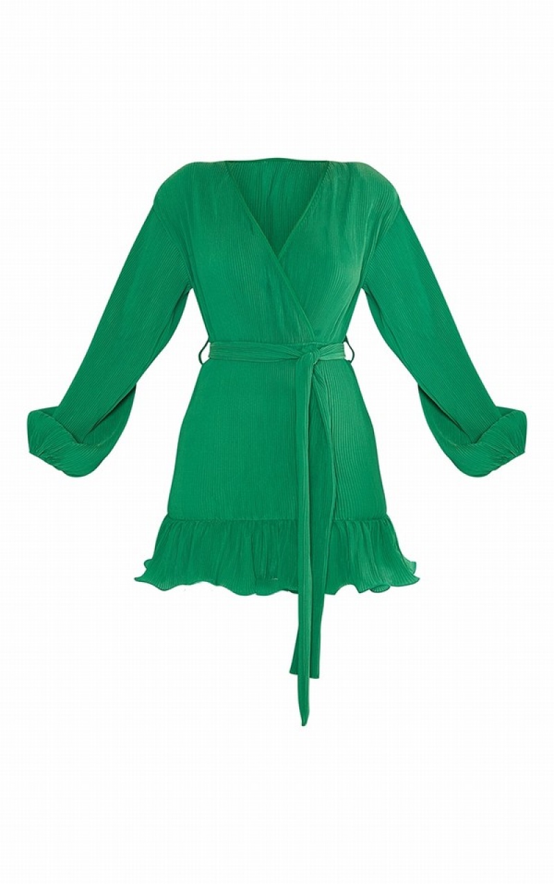 Rochie Pretty Little Thing Bright Plisse Shoulder Pad Wrap Bodycon Verzi Deschis | UXCE09485