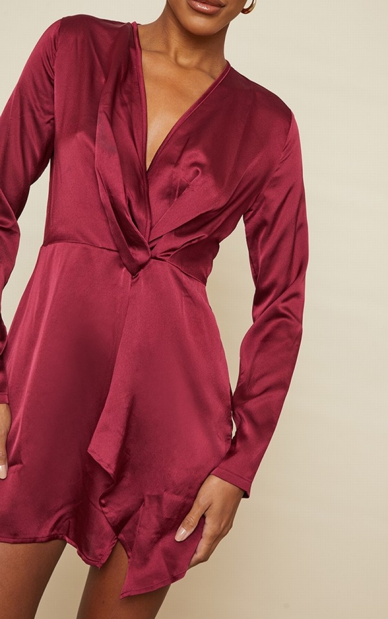 Rochie Pretty Little Thing Burgundy Satin Long Sleeve Wrap Visinii | TCKM71589