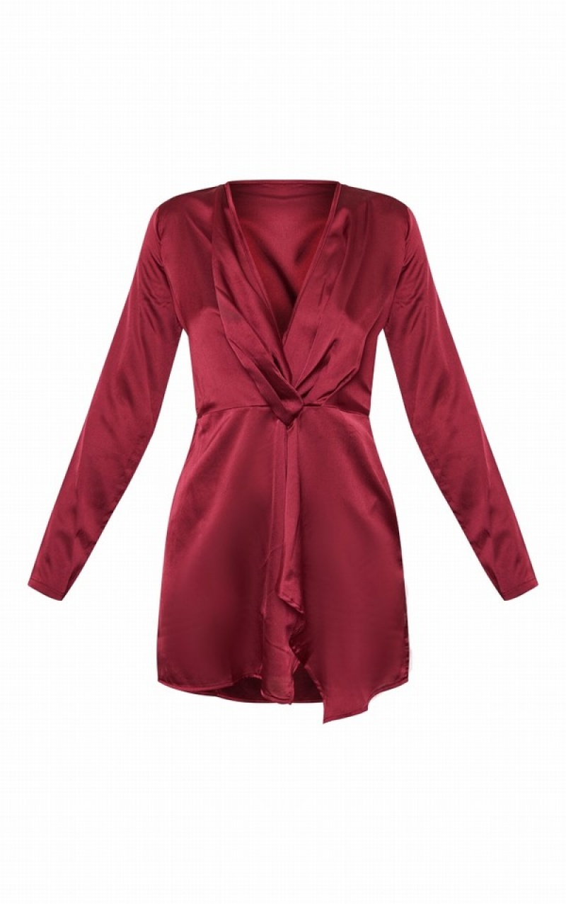Rochie Pretty Little Thing Burgundy Satin Long Sleeve Wrap Visinii | TCKM71589