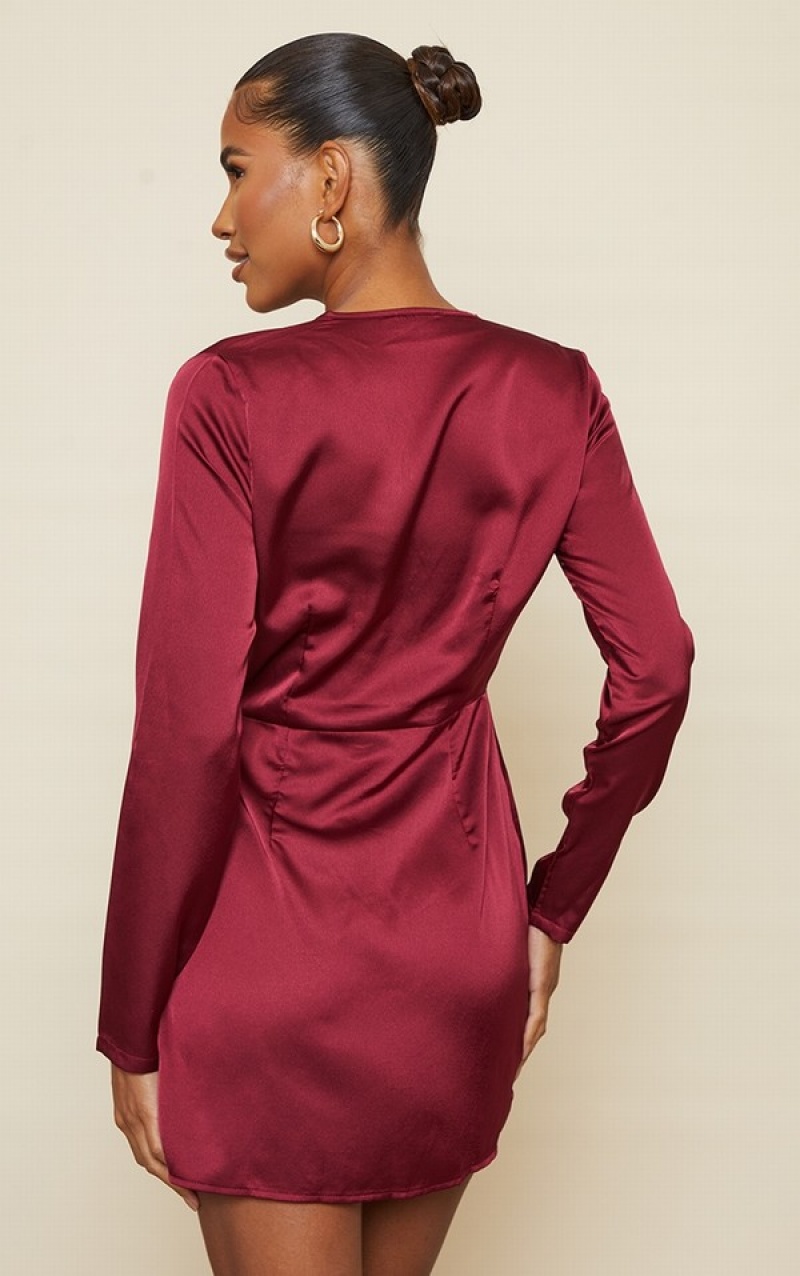 Rochie Pretty Little Thing Burgundy Satin Long Sleeve Wrap Visinii | TCKM71589