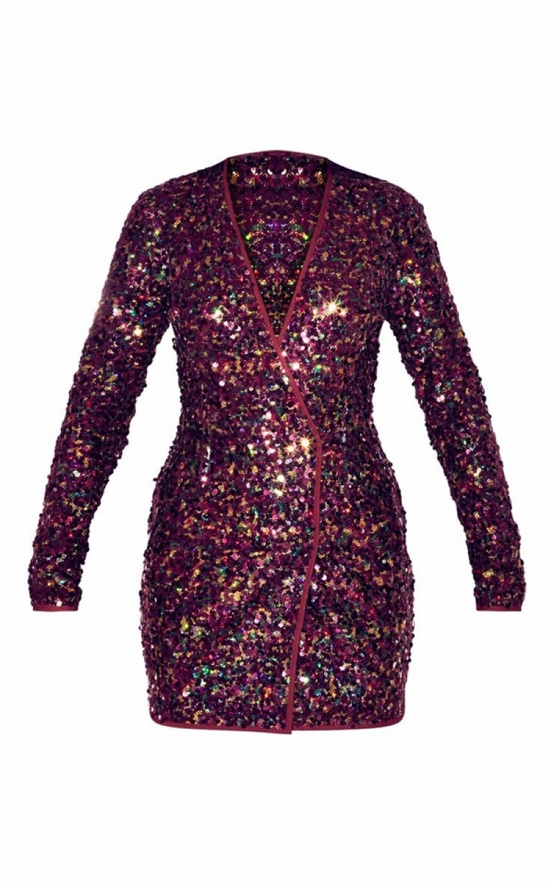 Rochie Pretty Little Thing Burgundy Sequin Long Sleeve Visinii | FDBV28506