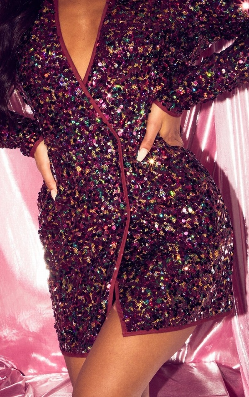 Rochie Pretty Little Thing Burgundy Sequin Long Sleeve Visinii | FDBV28506