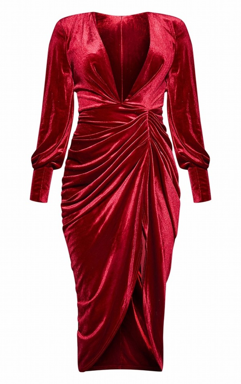 Rochie Pretty Little Thing Burgundy Velvet Long Sleeve Plunge Draped Visinii | EYNC21895