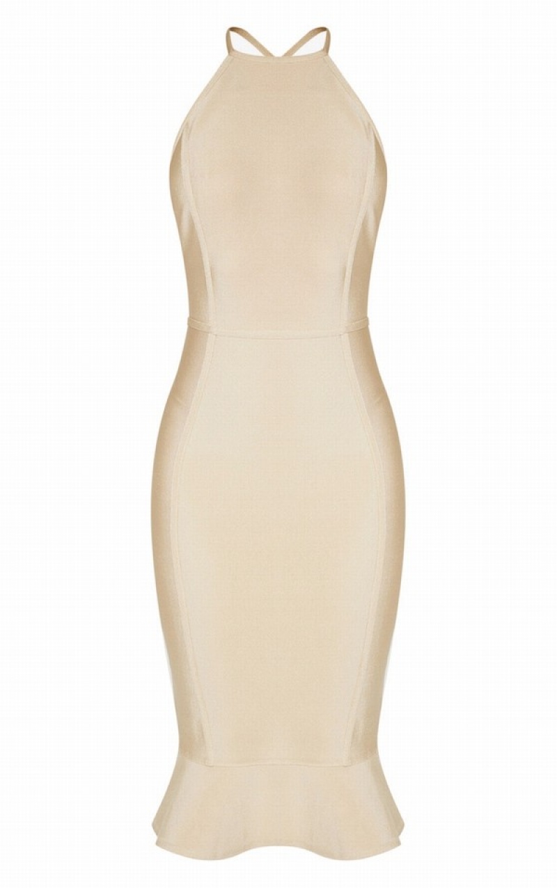 Rochie Pretty Little Thing Champagne Bandage Cross Curea Open Back Frill Hem Albi | GOVW49527