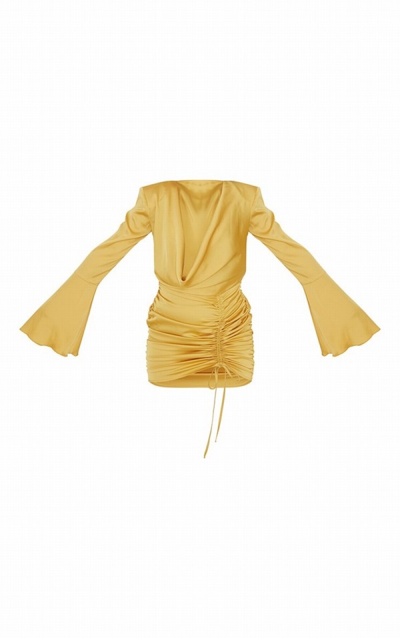 Rochie Pretty Little Thing Chartreuse Ruched Plunge Cowl Neck Drape Galbeni | ZJMF23879