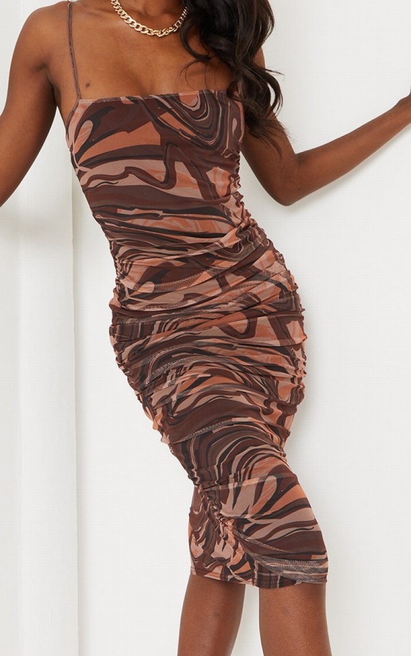 Rochie Pretty Little Thing Cizme Inalte Swirl Print Mesh Ruched Maro | WAGV67831