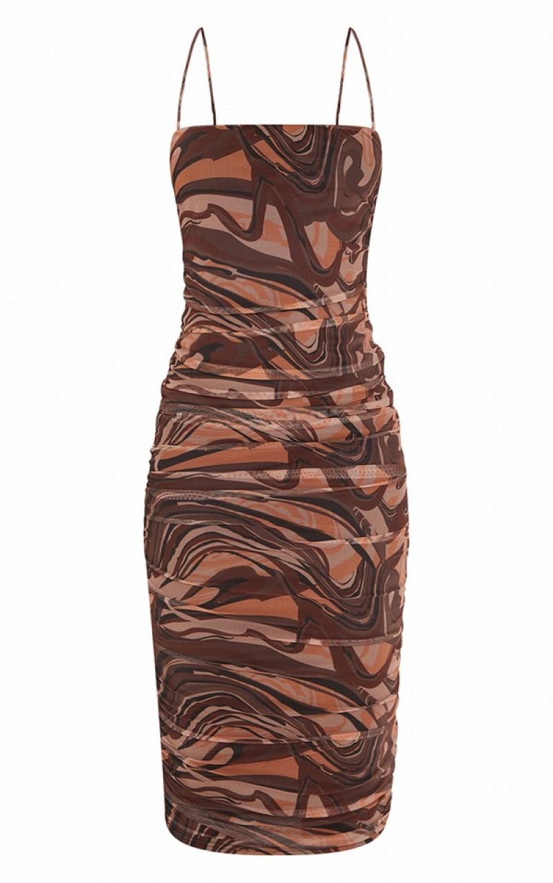 Rochie Pretty Little Thing Cizme Inalte Swirl Print Mesh Ruched Maro | WAGV67831
