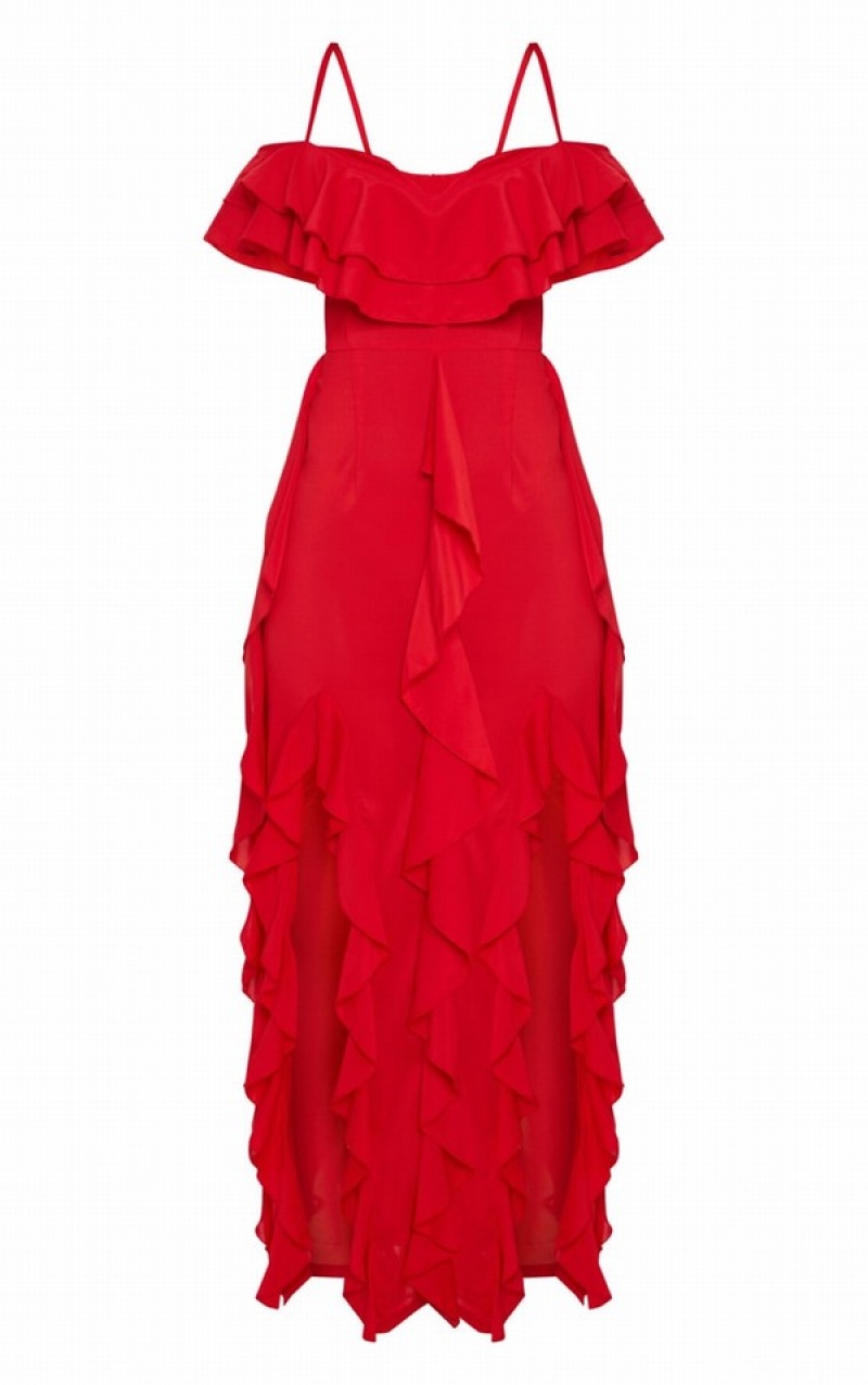 Rochie Pretty Little Thing Cold Shoulder Ruffle Detail Maxi Rosii | MAJZ52149