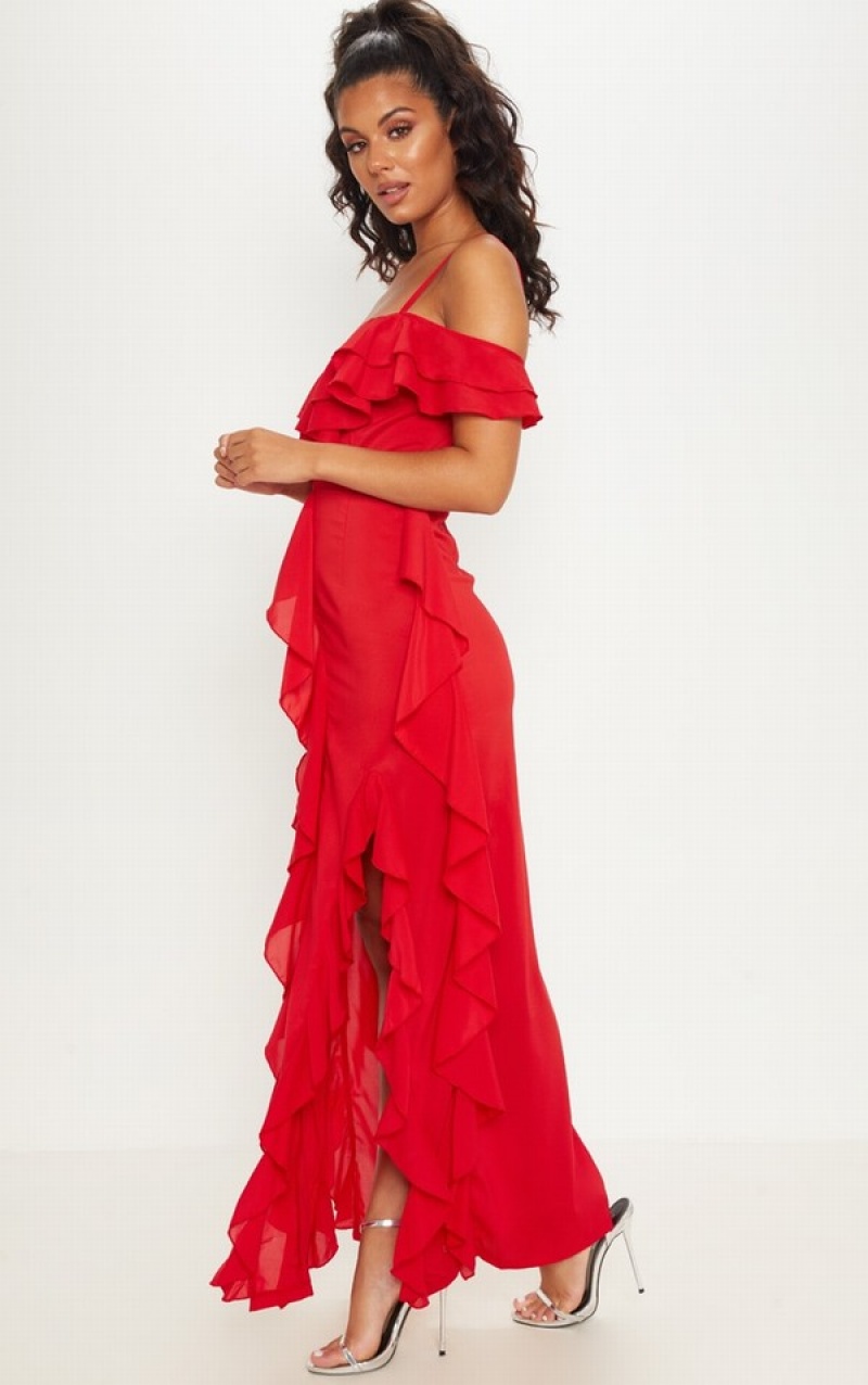 Rochie Pretty Little Thing Cold Shoulder Ruffle Detail Maxi Rosii | MAJZ52149
