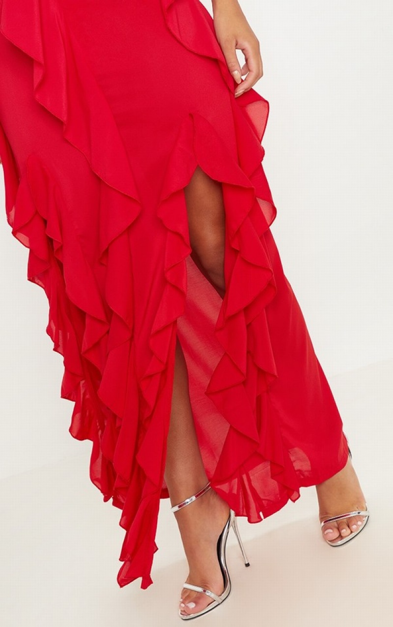 Rochie Pretty Little Thing Cold Shoulder Ruffle Detail Maxi Rosii | MAJZ52149