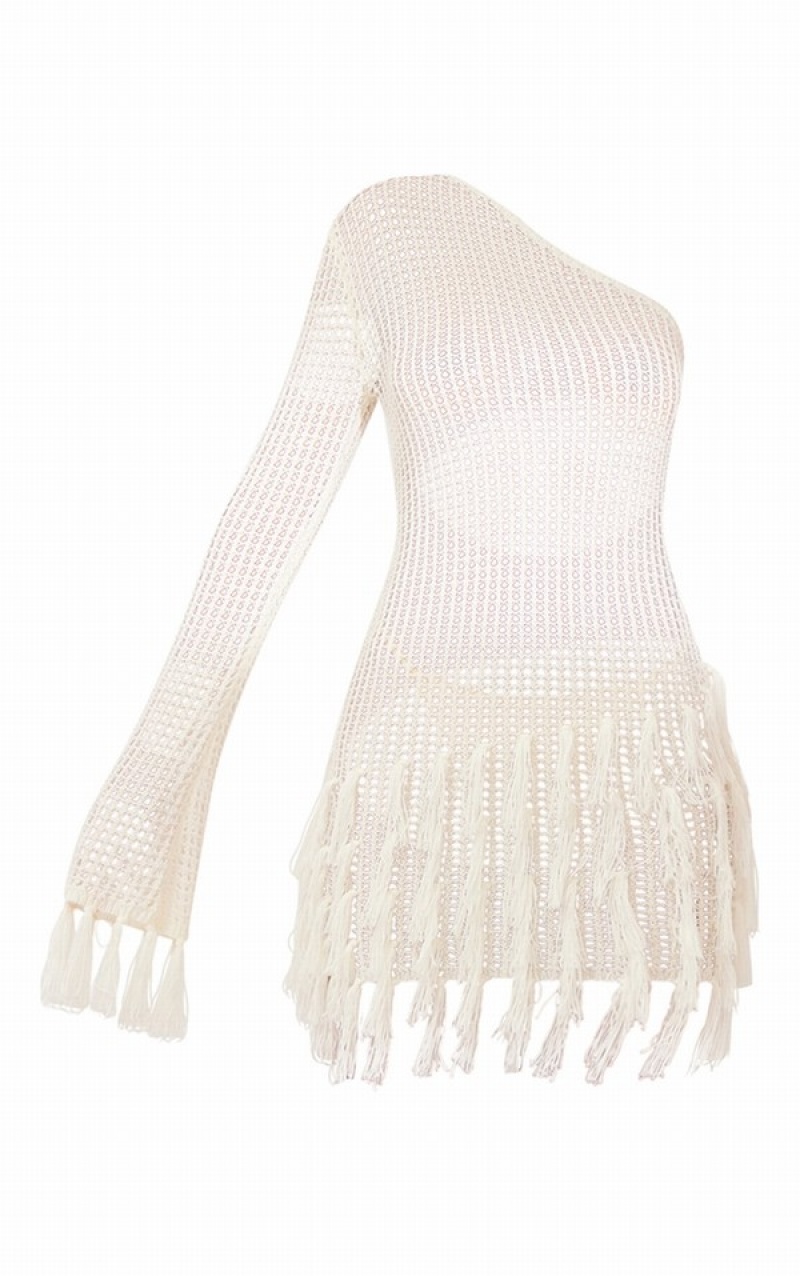Rochie Pretty Little Thing Crochet One Sleeve Tassel Albi | TAUD76182