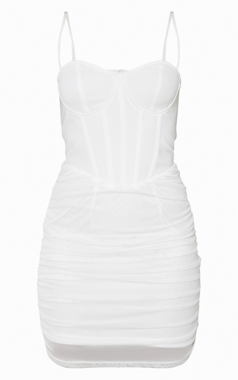 Rochie Pretty Little Thing Cu Bretele Corset Detail Mesh Ruched Bodycon Albi | IOBW63058
