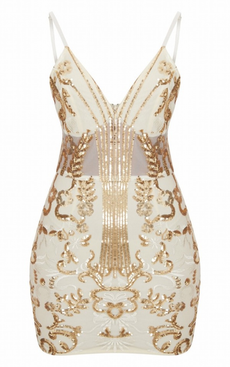 Rochie Pretty Little Thing Cu Bretele Sheer Panel Sequin Bodycon Aurii | BVWU70294