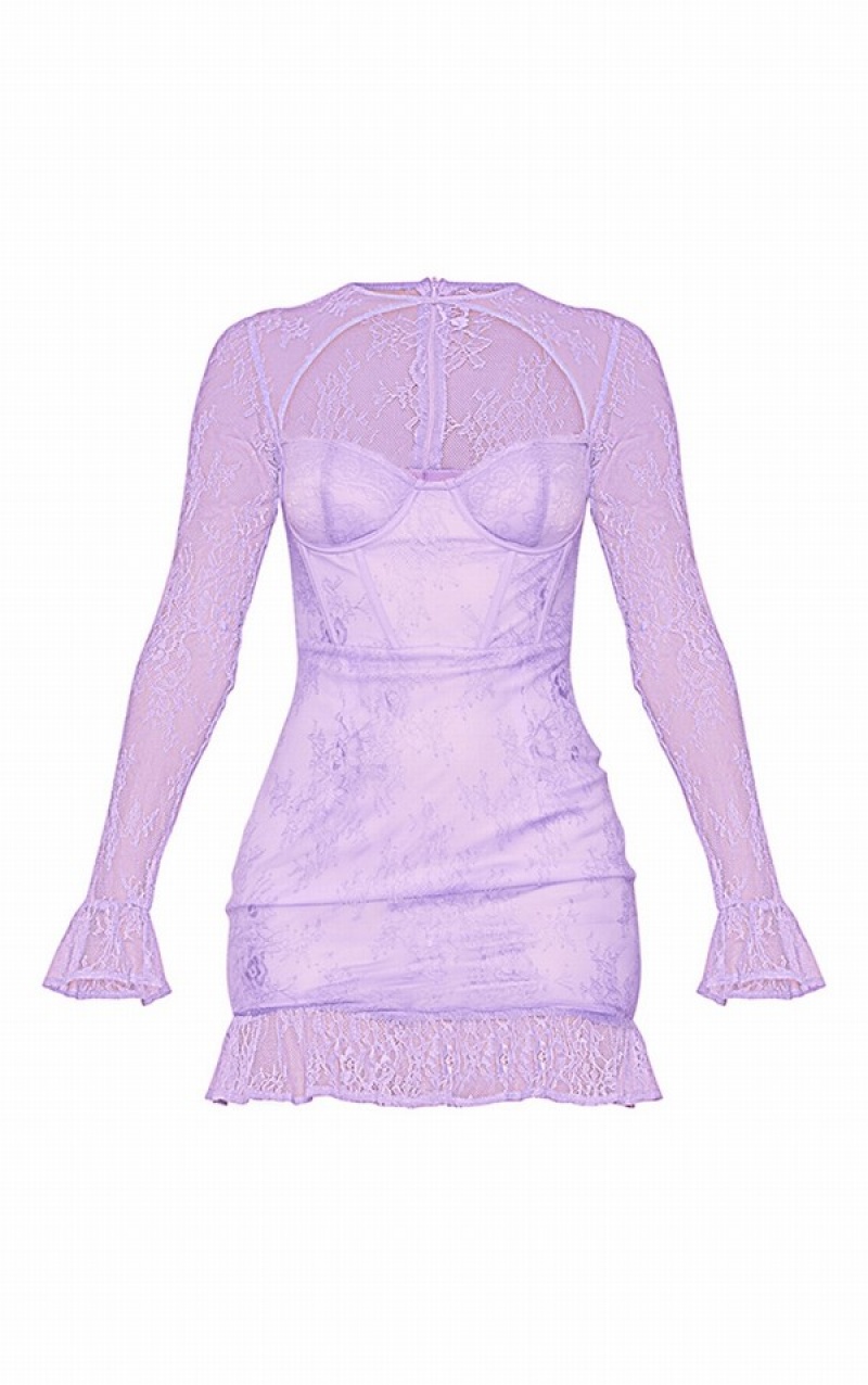 Rochie Pretty Little Thing Dantela Frill Cuff Corset Detail Bodycon Violet | FXHO47390