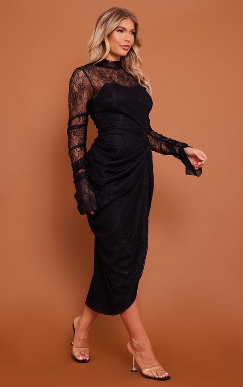 Rochie Pretty Little Thing Dantela High Neck Long Sleeve Draped Negrii | HJAU10326