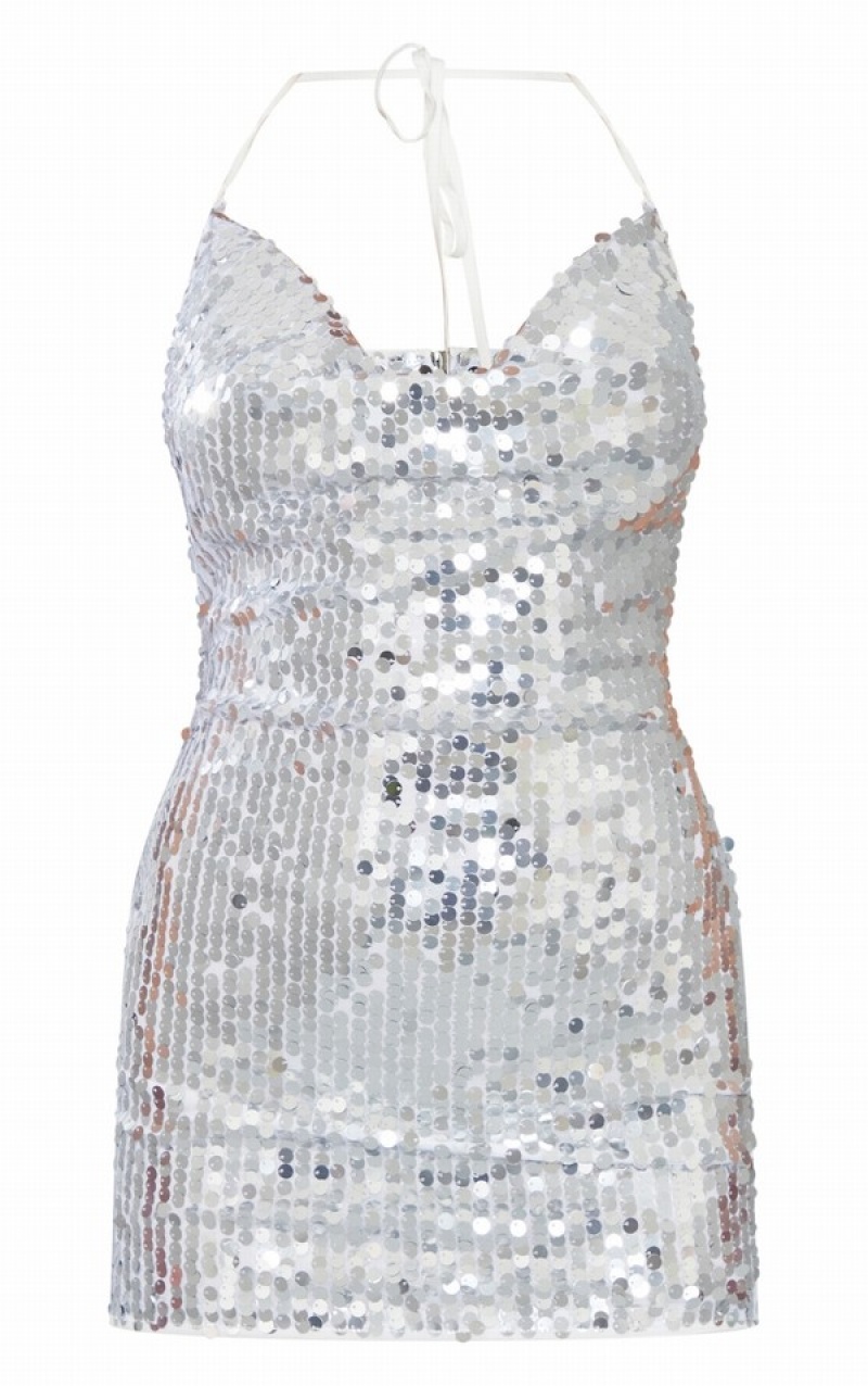 Rochie Pretty Little Thing Disk Sequin Cowl Halterneck Bodycon Argintii | YFST63814
