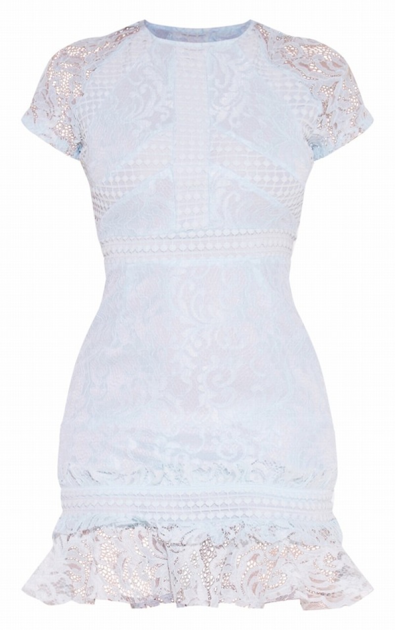 Rochie Pretty Little Thing Dusty Dantela Frill Hem Bodycon Albastri | UBEH50132