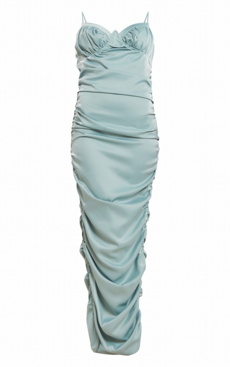Rochie Pretty Little Thing Dusty TextuSatin Ruched Midaxi Albastri | XFVN42173
