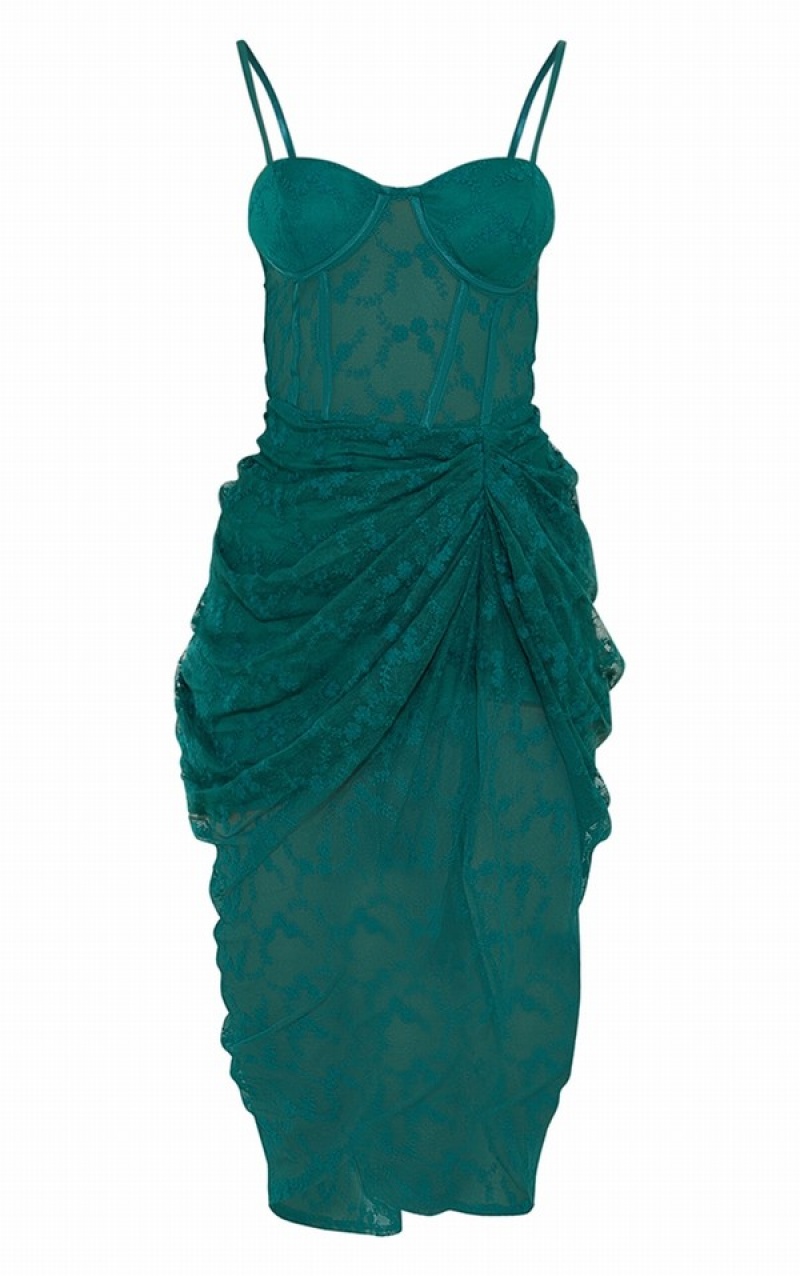 Rochie Pretty Little Thing Emerald Dantela Cu Bretele Cup Detail Draped Turcoaz Verzi | REIY25094