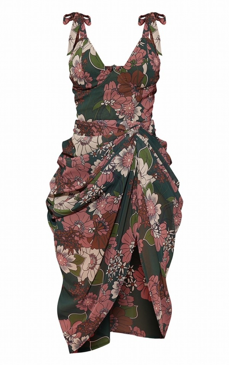 Rochie Pretty Little Thing Emerald Floral Underwire Detail Draped Turcoaz Verzi | WURI08961