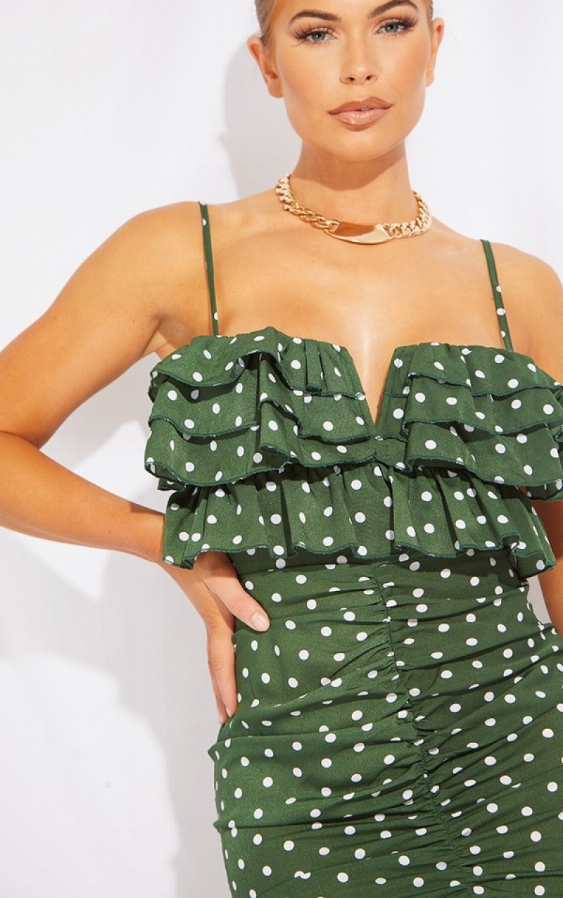 Rochie Pretty Little Thing Emerald Polka Dot Ruffle Detail Gathe Front Turcoaz Verzi | PCUH21463