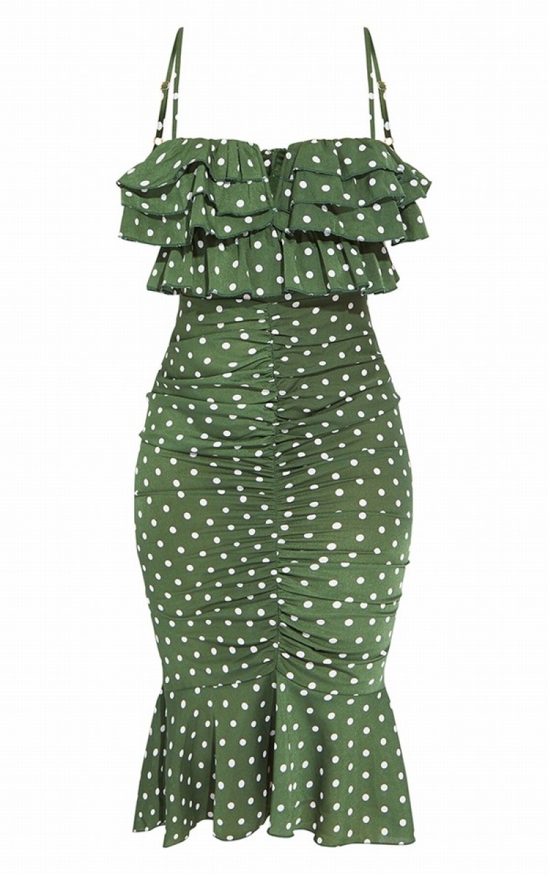 Rochie Pretty Little Thing Emerald Polka Dot Ruffle Detail Gathe Front Turcoaz Verzi | PCUH21463