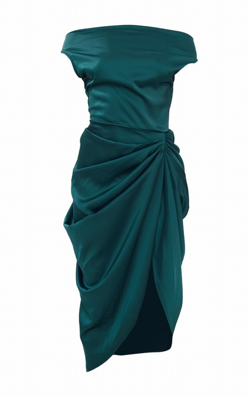 Rochie Pretty Little Thing Emerald Satin Off The Shoulder Draped Turcoaz Verzi | FPWC59863