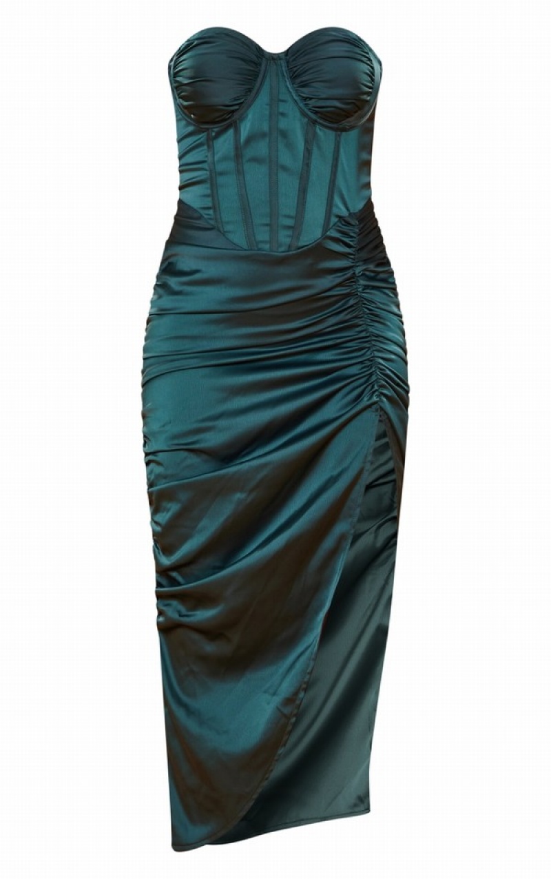 Rochie Pretty Little Thing Emerald Satin Bandeau Cup Detail Ruched Split Midaxi Turcoaz Verzi | EHGB73051