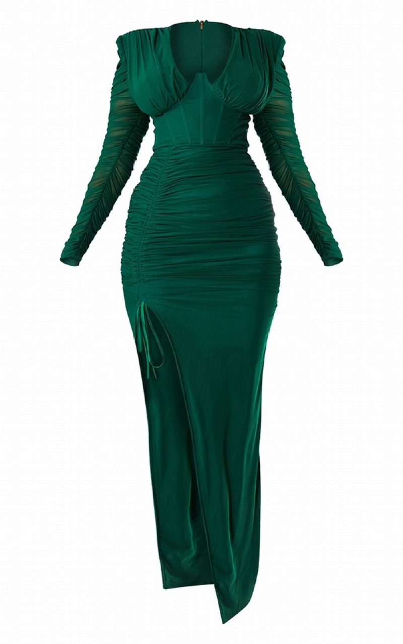 Rochie Pretty Little Thing Emerald Underwire Detail Ruched Mesh Midaxi Turcoaz Verzi | LDAY16032