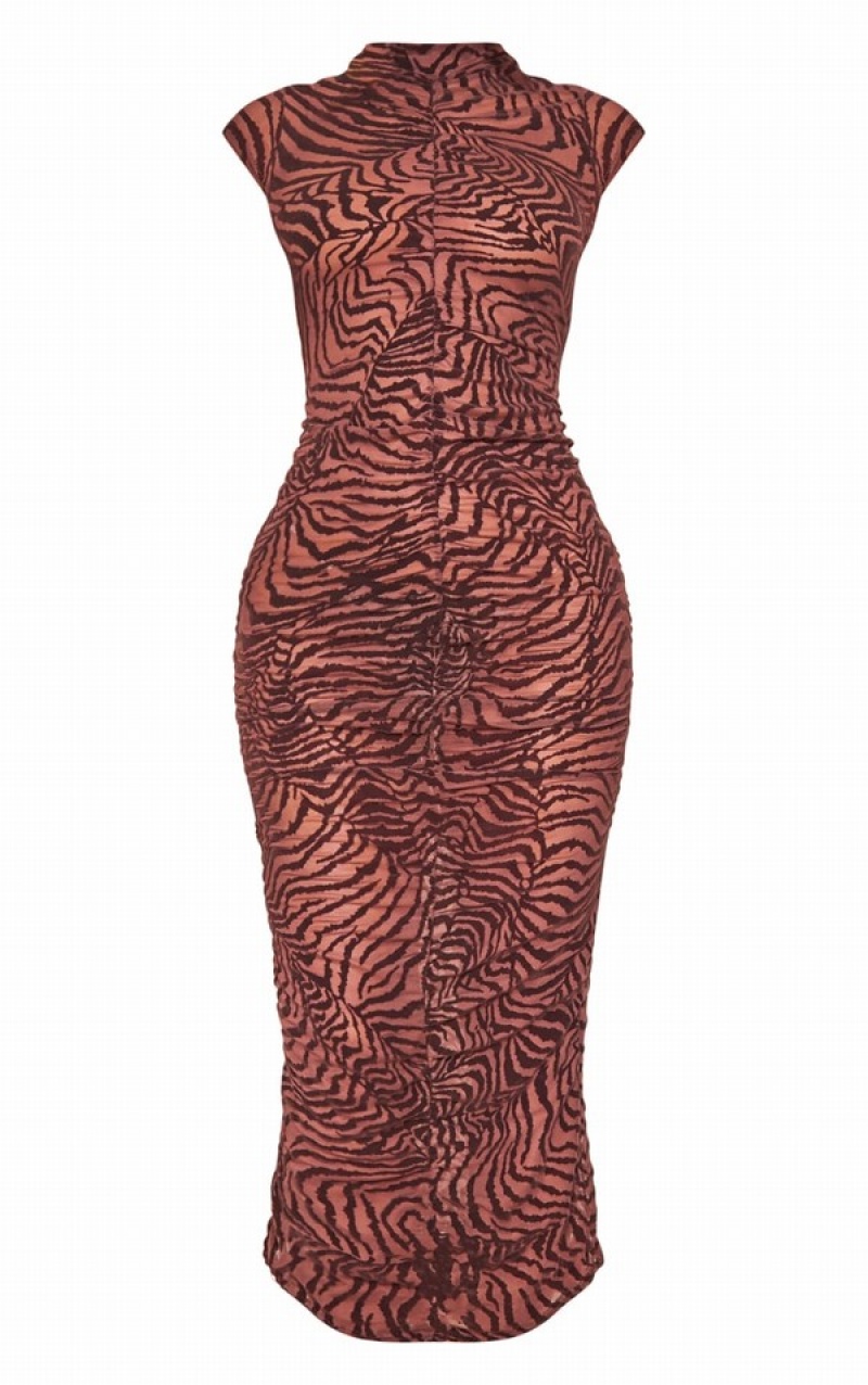 Rochie Pretty Little Thing Flocked Mesh High Neck Ruched Maxi Ciocolata | YNXZ20485
