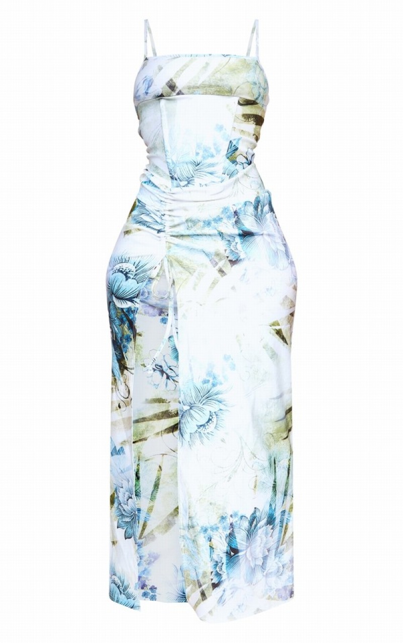 Rochie Pretty Little Thing Floral Bengaline Corset Cu Bretele Ruched Split Midaxi Albastri | YPAC40725