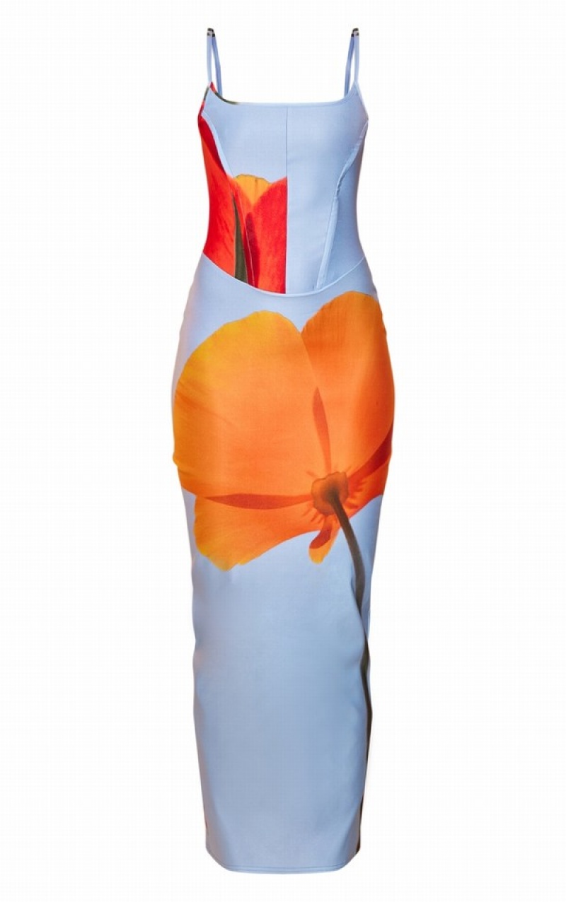 Rochie Pretty Little Thing Floral Bengaline Corset Cu Bretele Midaxi Albastri | AGBJ91043