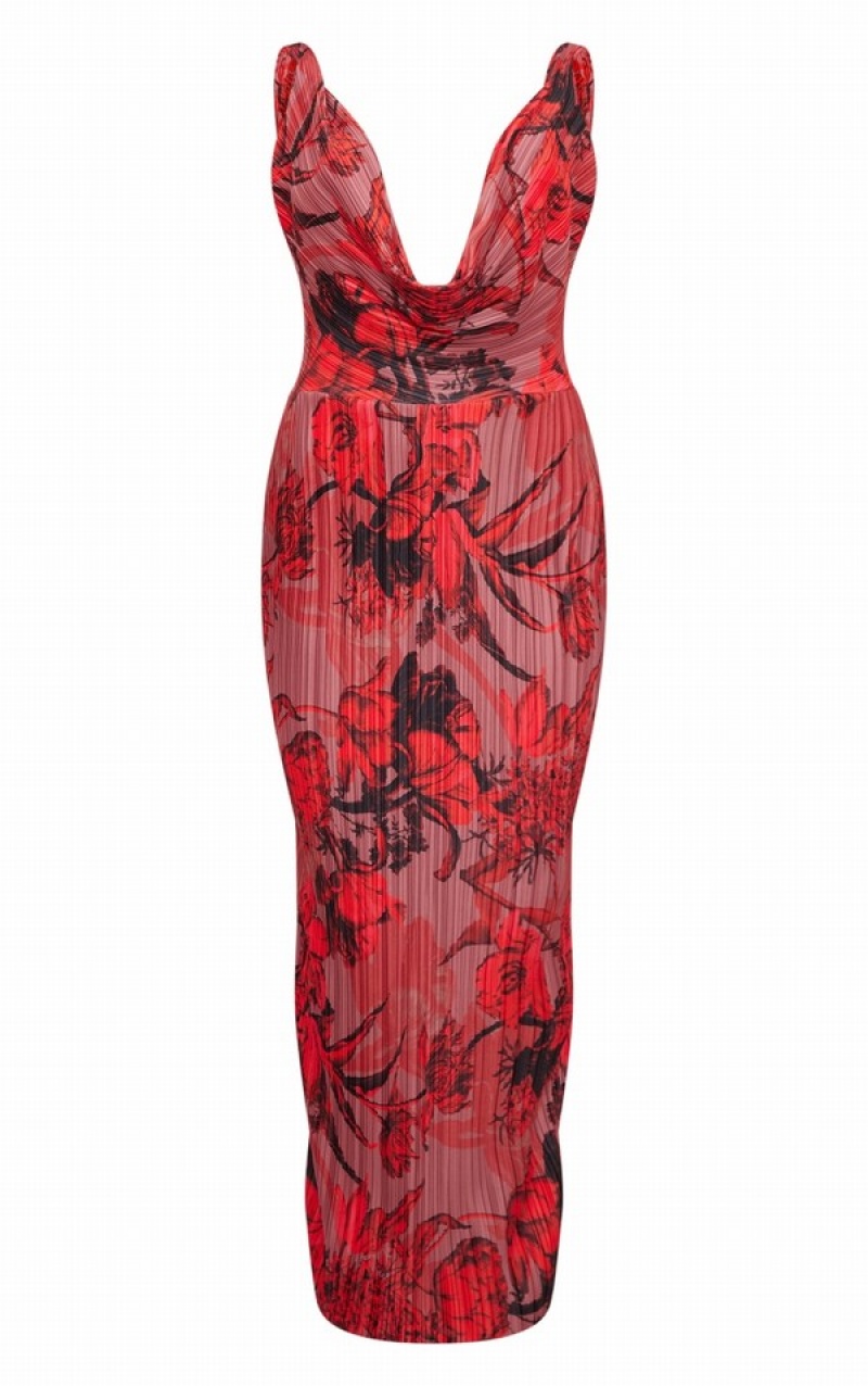 Rochie Pretty Little Thing Floral Print Plisse Cowl Plunge Maxi Rosii | WIXG45978