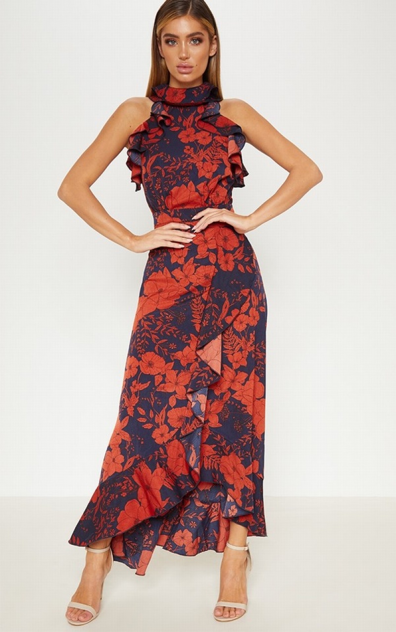 Rochie Pretty Little Thing Floral Print Frill Detail Wrap Maxi Bleumarin | NKRO10846