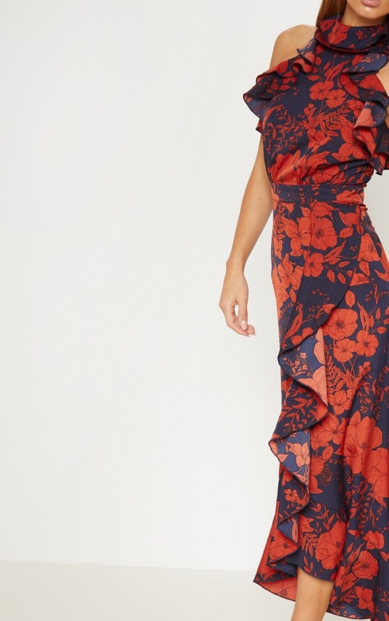 Rochie Pretty Little Thing Floral Print Frill Detail Wrap Maxi Bleumarin | NKRO10846