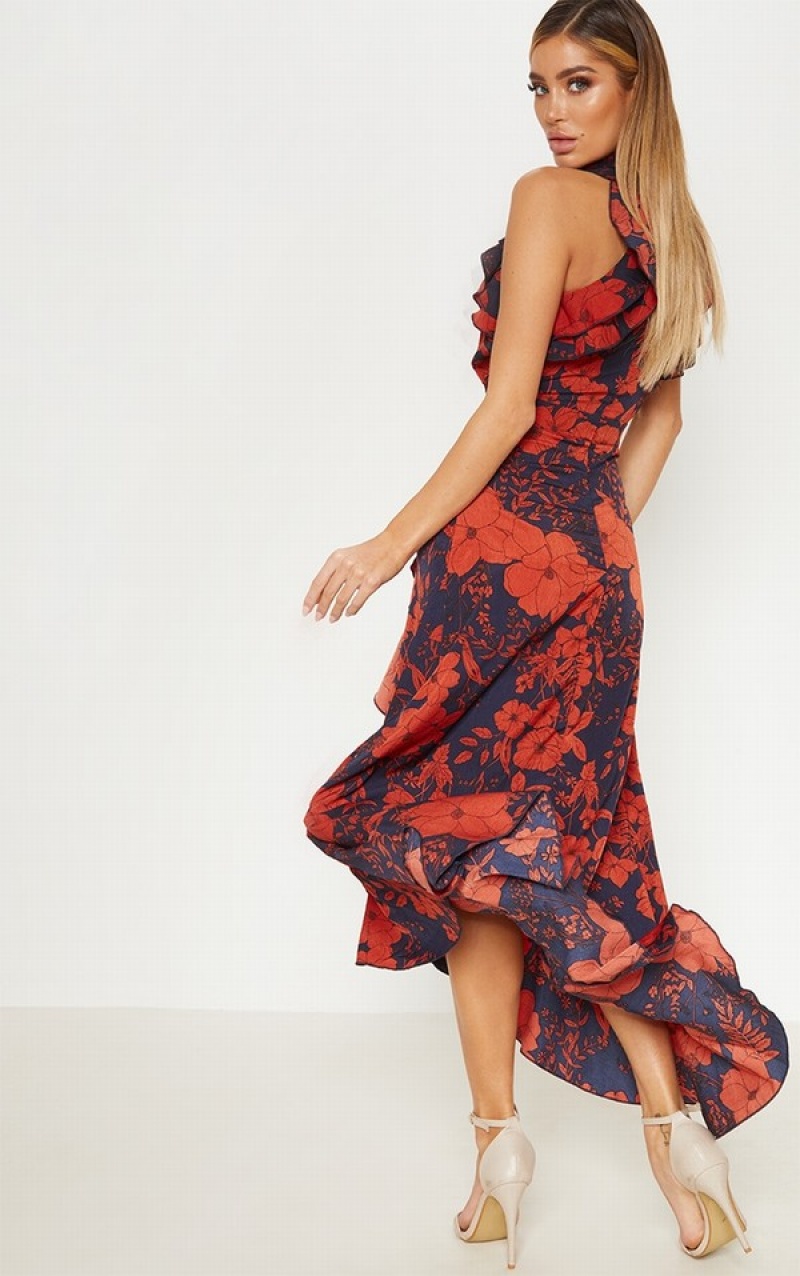 Rochie Pretty Little Thing Floral Print Frill Detail Wrap Maxi Bleumarin | NKRO10846