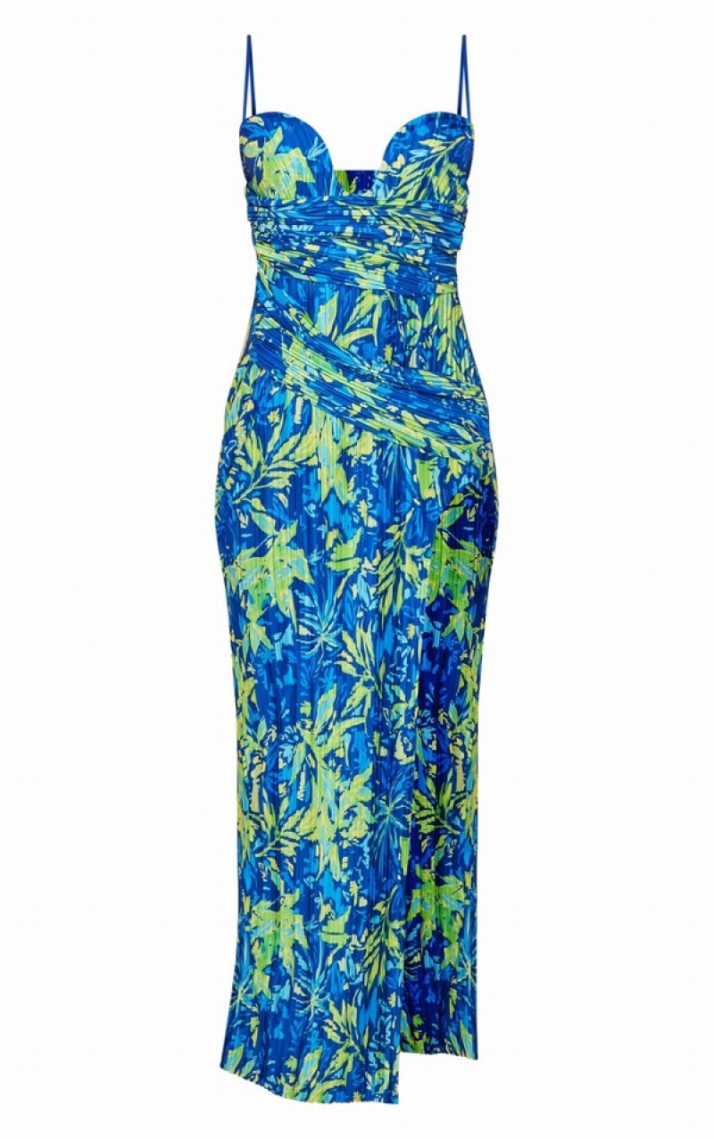 Rochie Pretty Little Thing Floral Printed Plisse WiPlunge Overlapping Maxi Albastri | ONIM47613