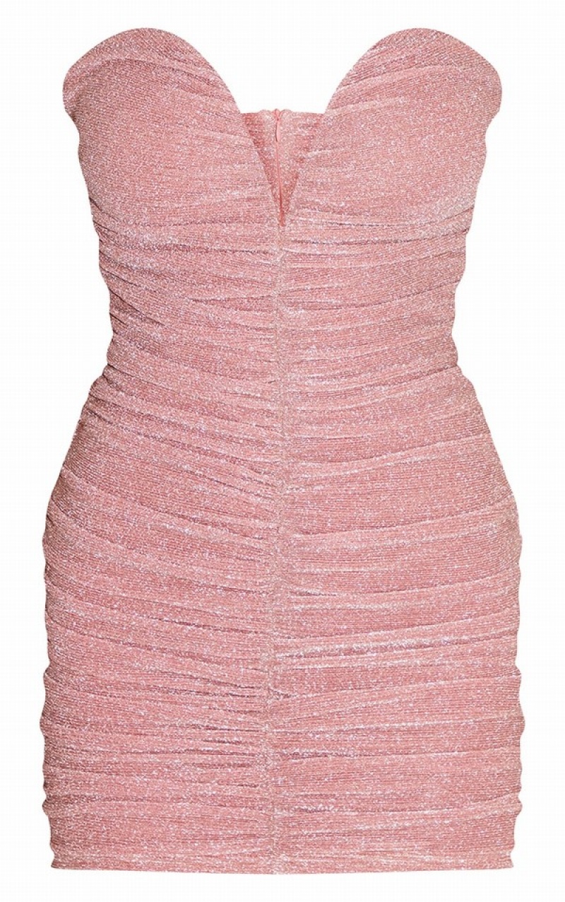 Rochie Pretty Little Thing Glitter Bandeau V Bar Ruched Bodycon Roz | YIRT10379