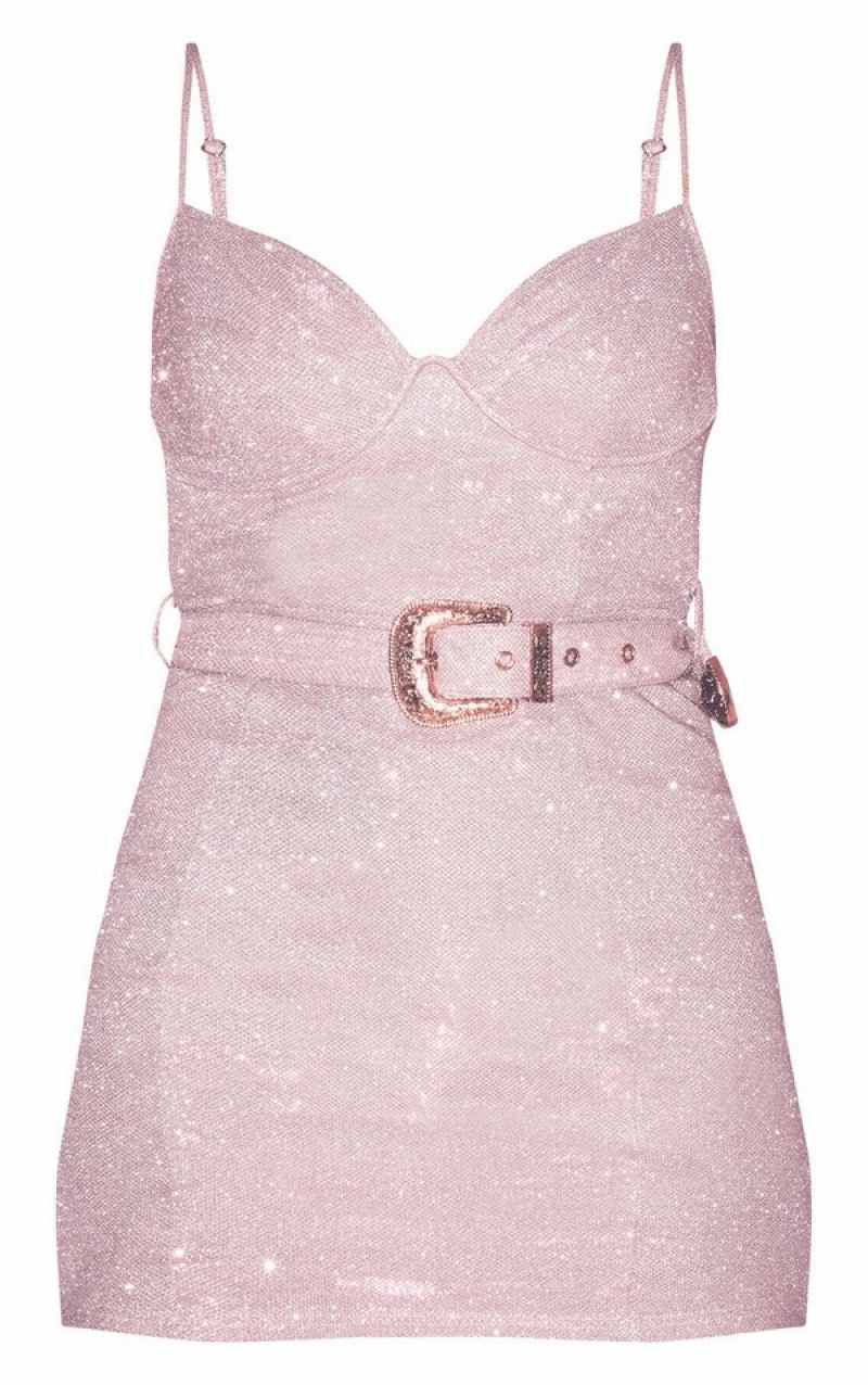 Rochie Pretty Little Thing Glitter Cu Bretele Detail Bodycon Roz | YCPW20984