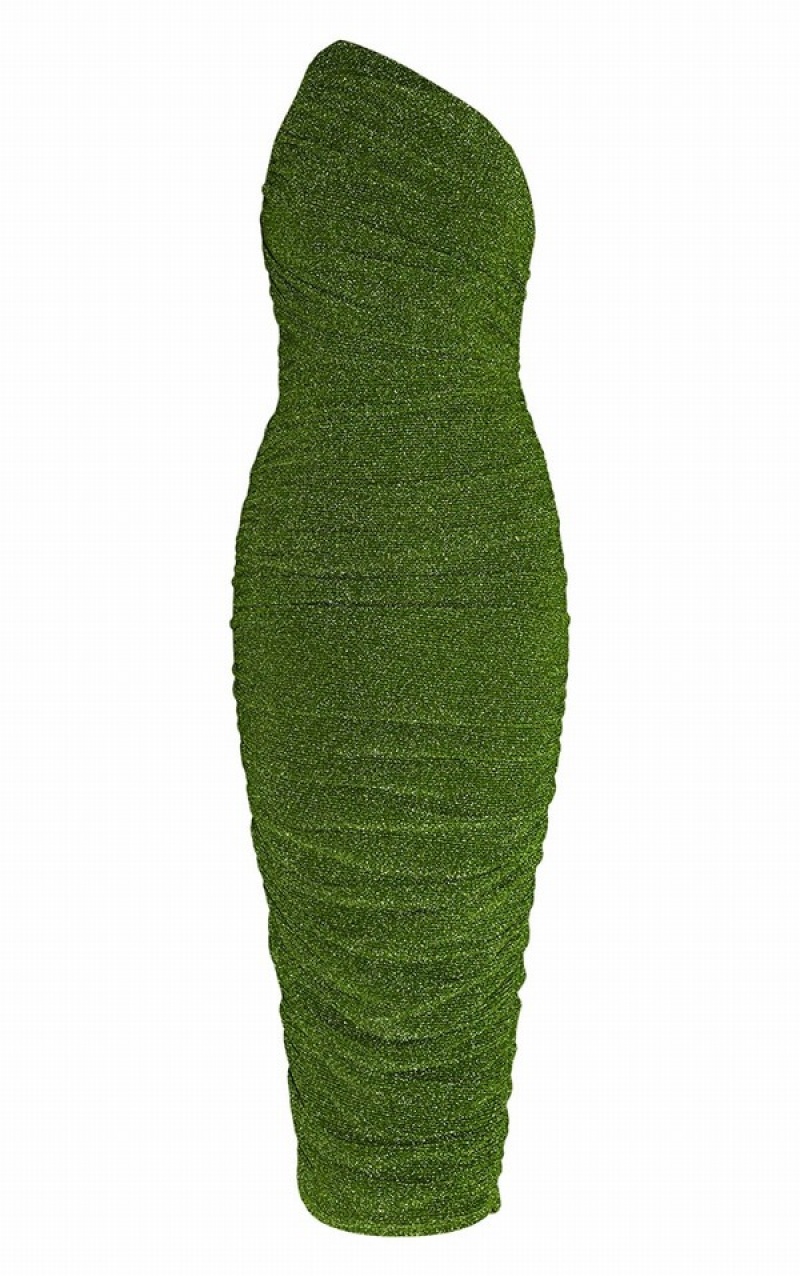 Rochie Pretty Little Thing Glitter Plisse Ruched One Shoulder Verzi | FNZJ23715