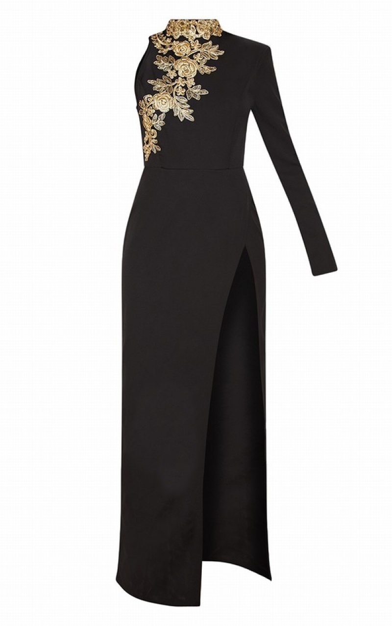 Rochie Pretty Little Thing High Neck Asymmetric EmbroideTrim Maxi Negrii | XPUI12347