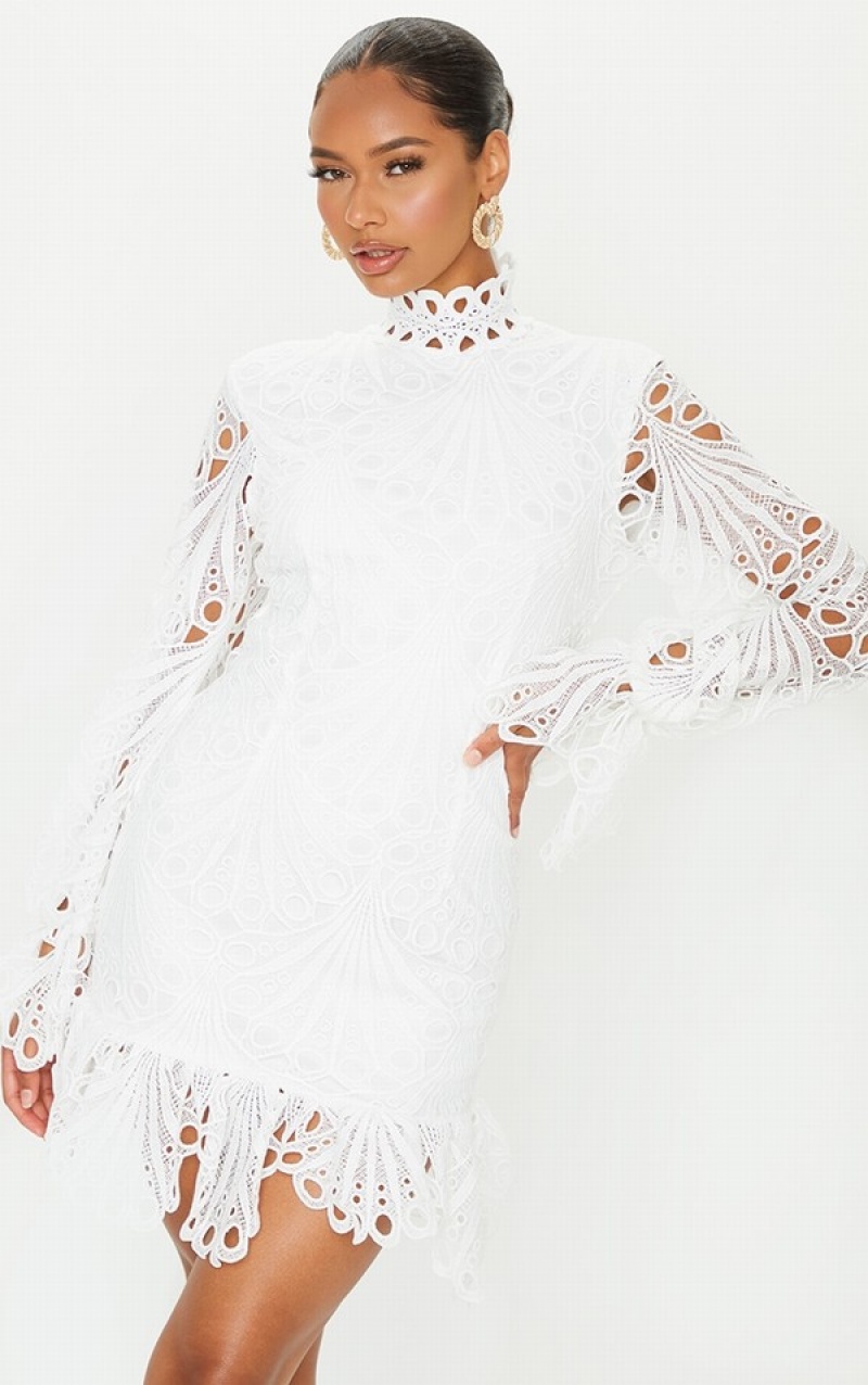Rochie Pretty Little Thing High Neck Dantela Long Sleeve Frill Bodycon Albi | SRPV30647