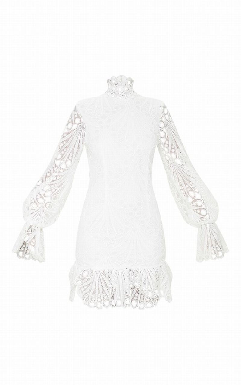 Rochie Pretty Little Thing High Neck Dantela Long Sleeve Frill Bodycon Albi | SRPV30647