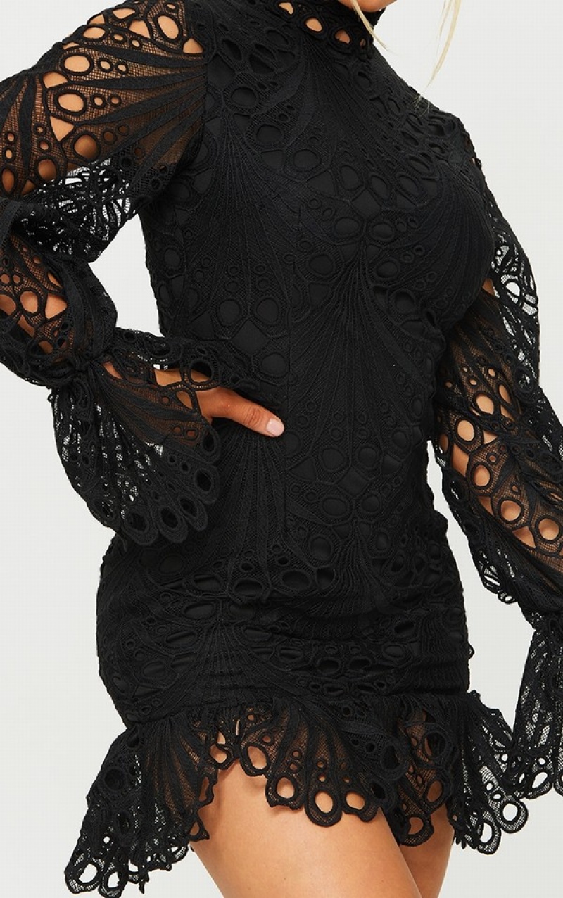 Rochie Pretty Little Thing High Neck Dantela Long Sleeve Frill Bodycon Negrii | SLYH07425