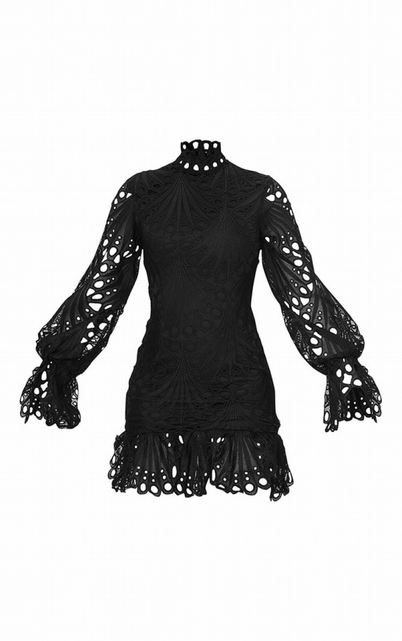 Rochie Pretty Little Thing High Neck Dantela Long Sleeve Frill Bodycon Negrii | SLYH07425