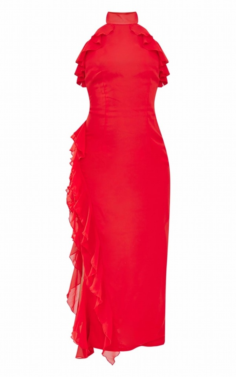 Rochie Pretty Little Thing High Neck Frill Split Hem Midaxi Rosii | VPGS35906