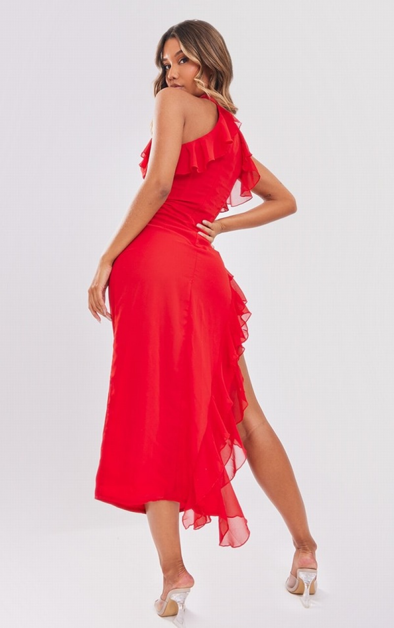 Rochie Pretty Little Thing High Neck Frill Split Hem Midaxi Rosii | VPGS35906