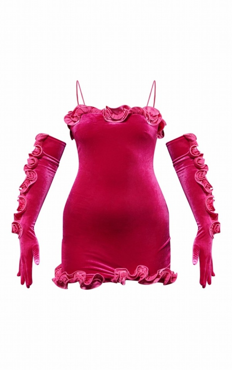Rochie Pretty Little Thing Hot Ruffle Edge Glove Detail Cu Bretele Velvet Bodycon Roz | WSKY41827