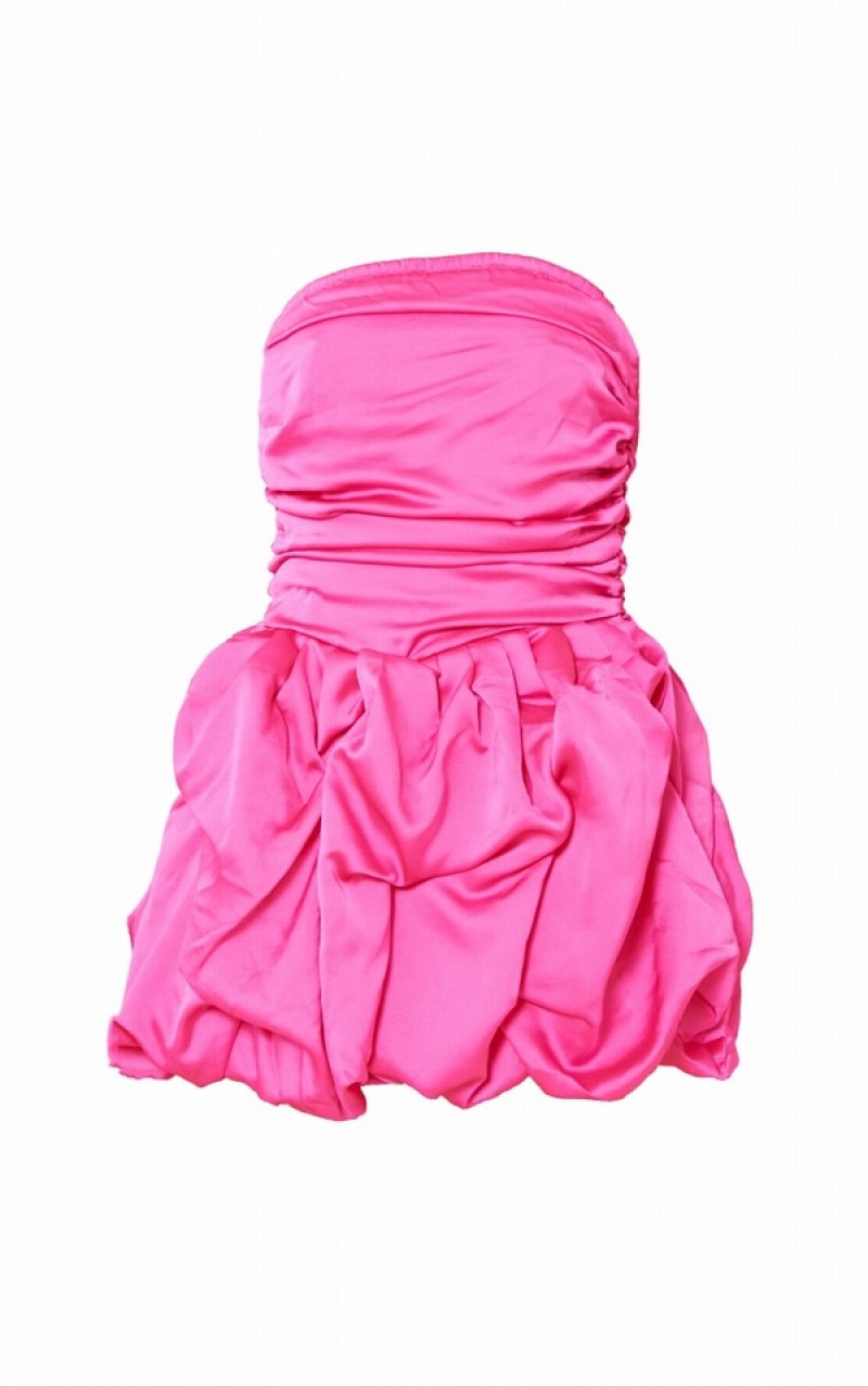 Rochie Pretty Little Thing Hot Satin Ruched Bandeau Puff Ball Roz | YHWK49503