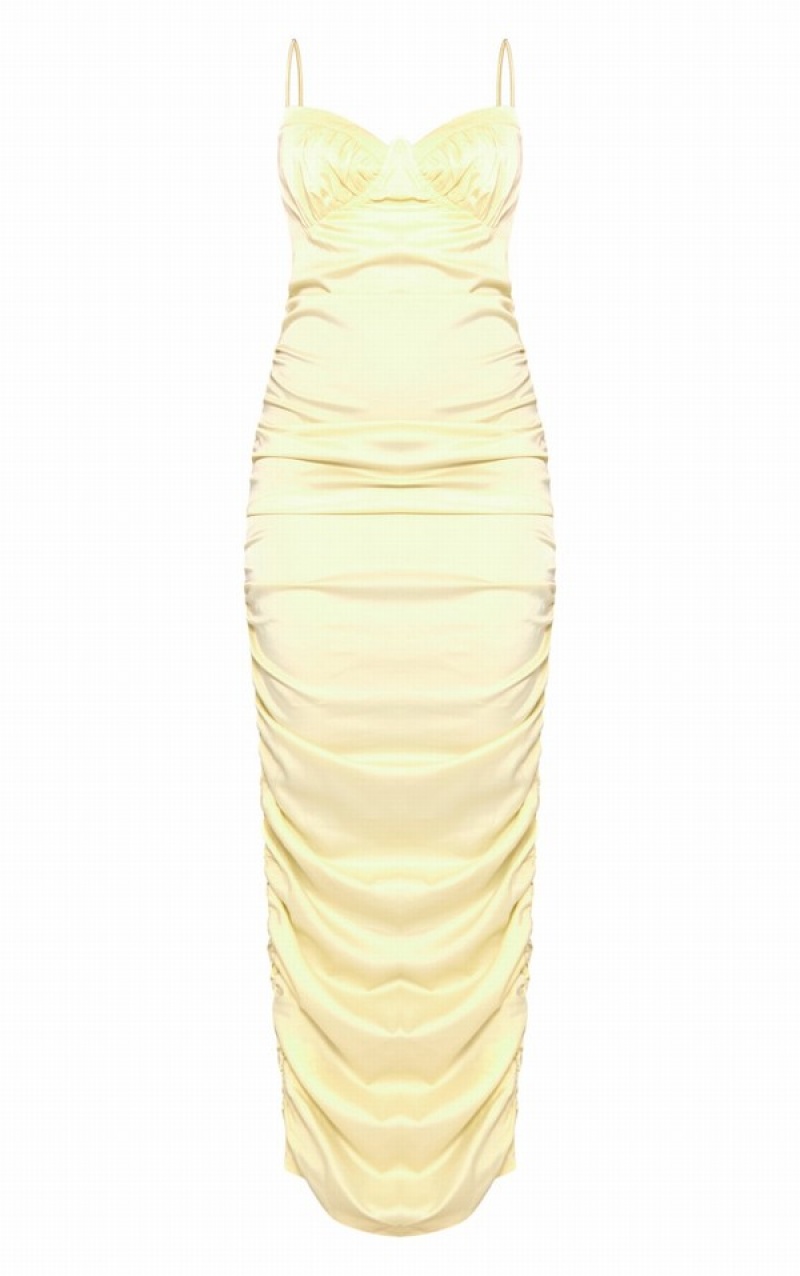 Rochie Pretty Little Thing Lemon TextuSatin Ruched Midaxi Lămâie | XOJC29081